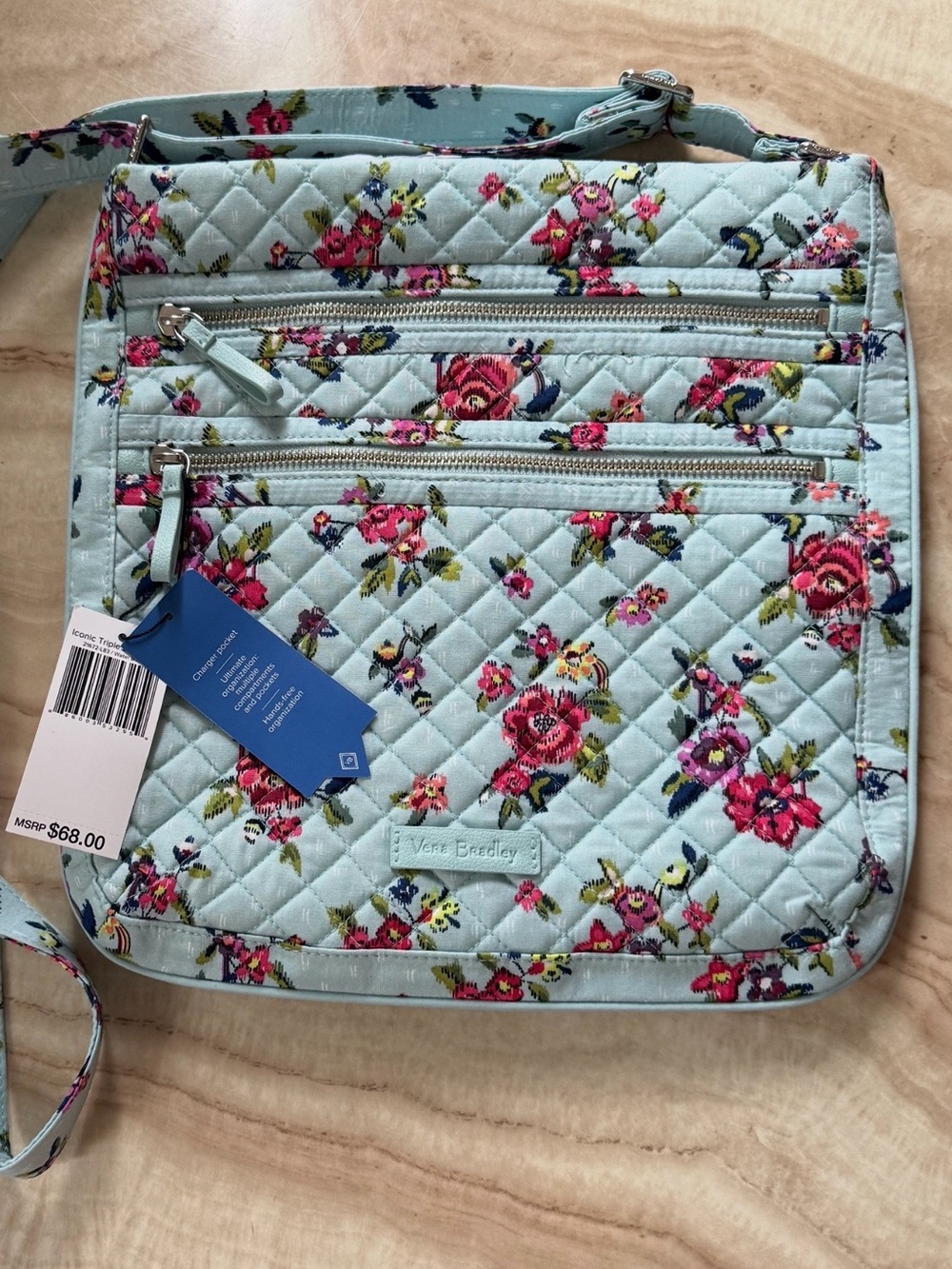NWT VERA BRADLEY TRIPLE ZIP HIPSTER CROSSBODY QUILTED BLUE FLORAL PATTERN 🌸